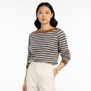 Nine West Striped Knit Sweater Womens M Crew Neck Brown Blue Preppy Cozy Fall